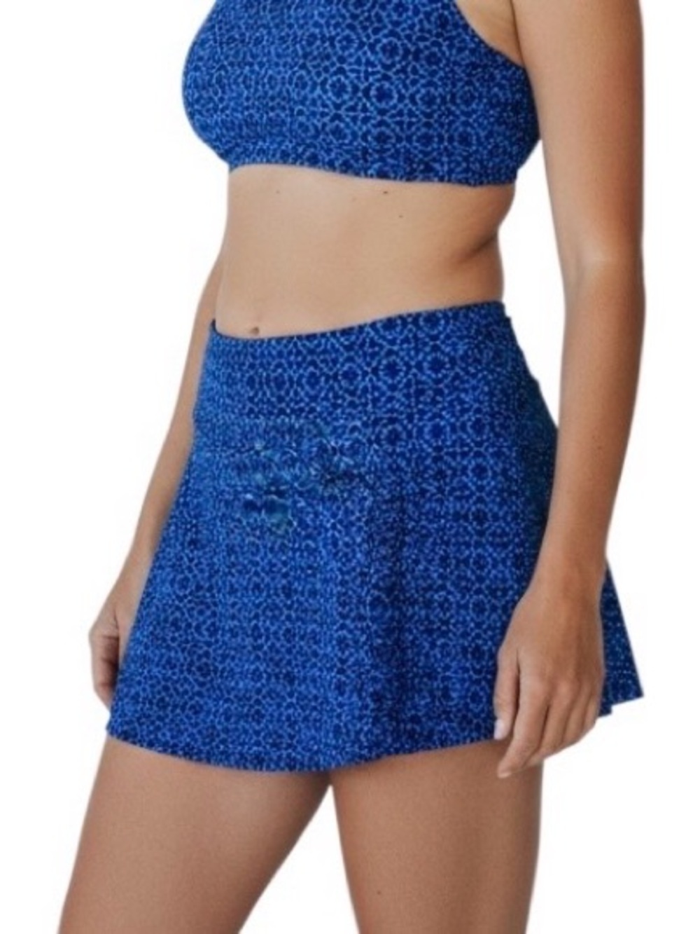 Lands’ End Swim Skort Blue Floral Geometry Built-In Brief Pull On Sz 14